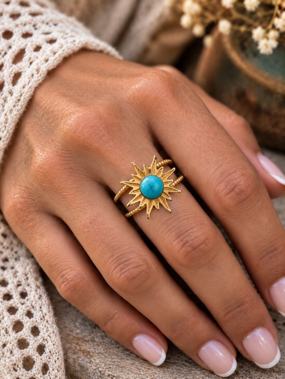 18K Gold Plated Sunburst Turquoise Color Stone Open Adjustable Ring Size 7-9